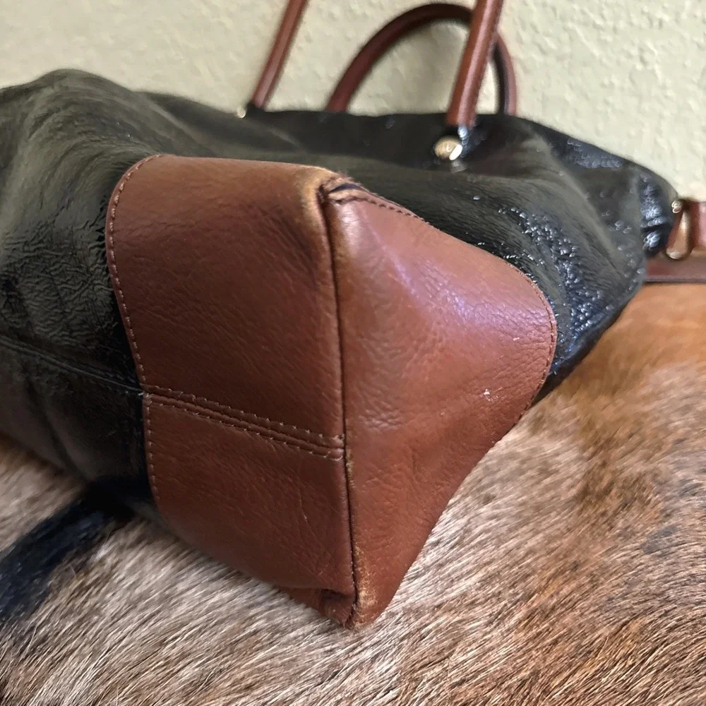Kate Spade Black Patent Brown Leather Combo Court Tote‎ Shoulder Bag Crossbody